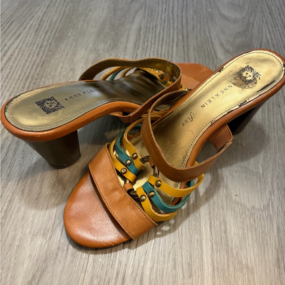 Anne Klein Tan Leather Multi-Strip Heel Sandals Size 8